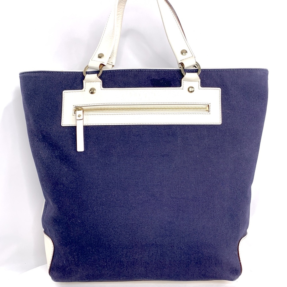 Kate Spade New York Navy Blue Canvas Cream Leather Trim Large Tote Bag Purse